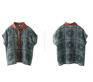Áo sơ mi linen sát nách cổ pipi trang trí hình vuông trừu tượng - NU10458