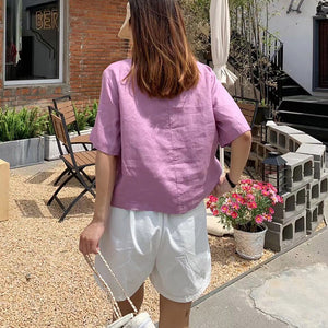 Áo sơ mi linen ngắn tay cổ vest hai túi chéo có nắp - NU8822