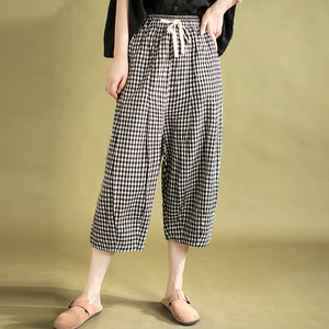 Quần baggy linen lửng lưng thun kẻ caro - NU10125