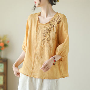 Áo T-shirt linen ngắn tay cổ tròn đính ren thêu hoa lá - NU9997