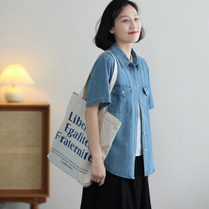 Áo sơ mi denim ngắn tay cổ đức hai túi - NU10069