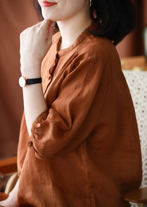 Áo sơ mi linen ngắn tay cổ tròn form rộng vạt mullet - NU8825