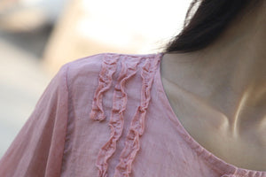 Áo sơ mi linen tay lửng cổ tròn kiểu đính ren - NU9749
