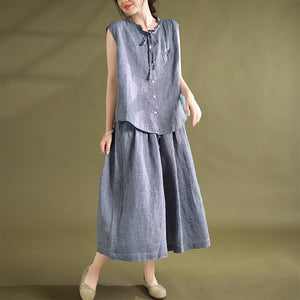 Bộ đồ linen gồm áo sơ mi sát nách một túi và quần baggy ống rộng lưng cao kẻ caro - NU9056