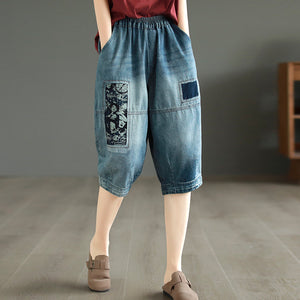 Quần baggy lửng denim lưng thun vá hình ảnh retro - NU8829