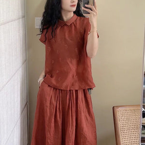 Áo sơ mi linen sát nách cổ pipi thêu hóa lá đồng màu - NU10264