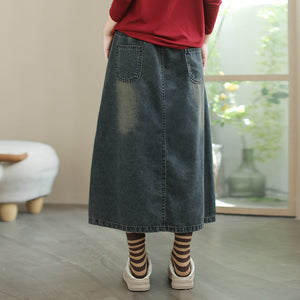 Chân váy denim lưng thun thêu retro bạc màu - V027