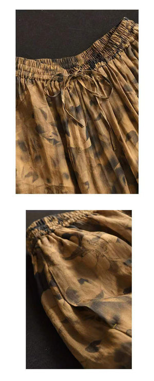 Chân váy linen retro lưng thun in hoa lá - NU10064