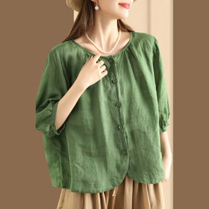 Áo sơ mi linen ngắn tay cổ tròn vạt bo - A820