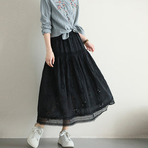 Chân váy linen lưng thun thêu retro hai lớp  - NU10077