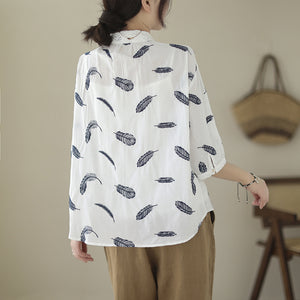 Áo sơ mi linen tay lửng cổ đức thêu retro in lông vũ - NU8568