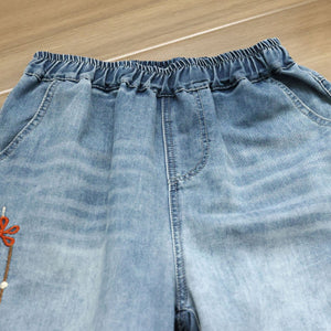 Quần baggy denim lửng lưng thun ống đứng thêu hoa mùa xuân - Q254