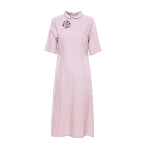 Đầm liền linen ngắn tay cổ tròn cánh sen thêu retro - NU9901