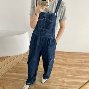 Quần baggy yếm denim chiết eo ống đứng - NU10373