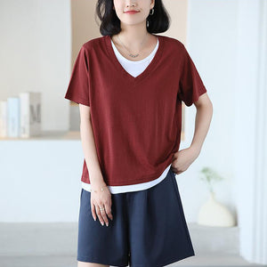 Áo T-shirt ngắn tay cổ V kiểu hai lớp lệch màu - NU10473