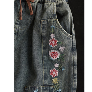 Chân váy denim lưng thun dây rút thêu hoa hồng - V072