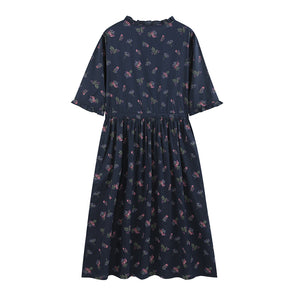 Đầm liền linen ngắn tay cổ đứng in những bó hoa liti - NU10017