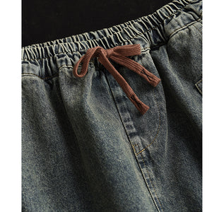 Chân váy denim lưng thun dây rút thêu hoa hồng - V072