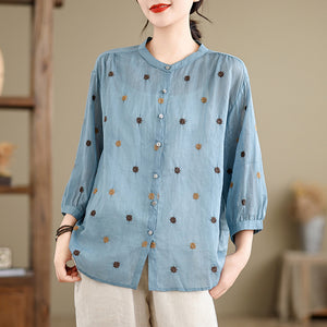 Áo sơ mi linen tay lửng cổ đứng thêu chấm sao - NU10093