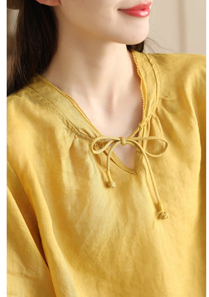 Áo sơ mi linen tay lửng cổ V cột dây - A715