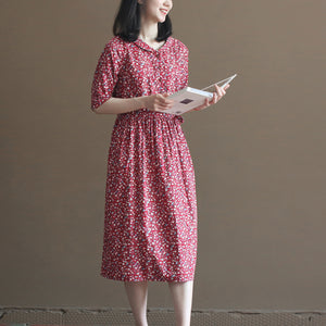 Đầm liền linen ngắn tay cổ pipi in hoa lá liti - NU10018