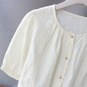 Áo sơ mi linen ngắn tay cổ tròn thêu hoa liti - A876
