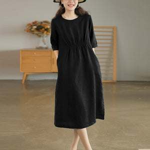 Đầm liền linen ngắn tay cổ tròn chiết eo - NU9791