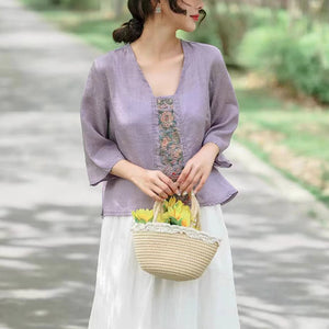 Áo sơ mi linen ngắn tay cổ V thêu hoa văn retro tua rua - NU9920