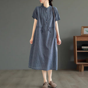 Đầm liền linen ngắn tay cổ V kẻ sọc eo kiểu thắt dây - D045
