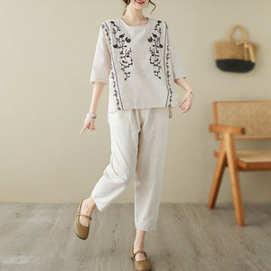 Áo T-shirt linen ngắn tay cổ tròn thêu đối xứng - NU9093