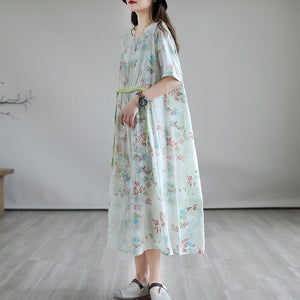 Đầm liền linen ngắn tay cổ tròn eo kiểu thắt dây - D047