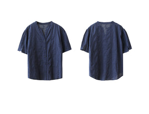 Áo sơ mi linen ngắn tay cổ V thêu đan hoa lá - A912