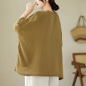 Áo T-shirt linen ngắn tay cổ tròn form rộng in hoa lá - NU8898