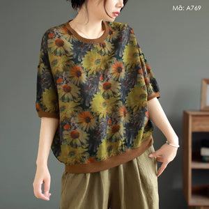 Áo T-shirt linen ngắn tay cổ tròn in hoa lá bo viền - A763