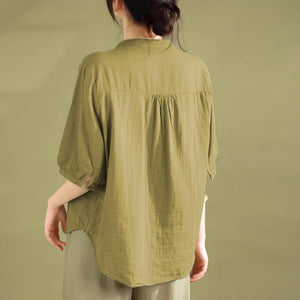 Áo sơ mi linen ngắn tay cổ đứng xẻ V một túi - NU8936