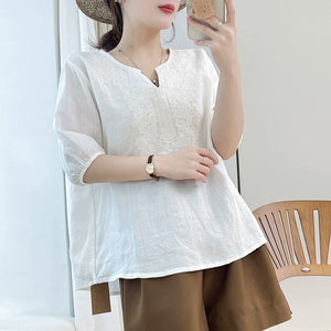Áo sơ mi linen ngắn tay cổ V thêu hoa văn trừu tượng - NU10181