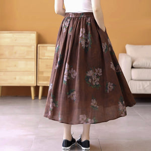 Chân váy linen retro lưng thun in hoa trà - NU9990