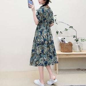 Đầm liền linen ngắn tay cổ tròn in hoa lá chiết eo - NU10184