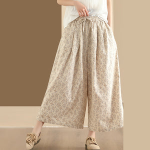 Quần baggy linen lưng thun in hoa liti ống rộng - NU10389