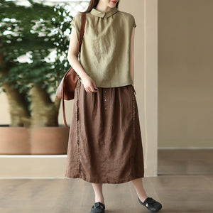 Chân váy linen lưng thun kiểu năm khuy - NU8809