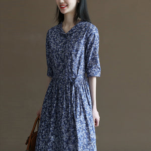 Đầm liền linen ngắn tay cổ pipi in hoa lá chiết eo - NU10022
