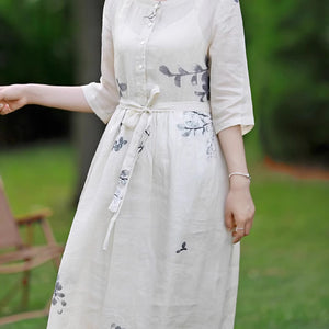 Đầm liền linen ngắn tay cổ tròn khuy cài in lá đơn sắc - NU9015