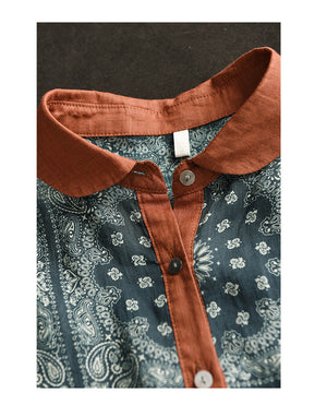 Áo sơ mi linen sát nách cổ pipi trang trí hình vuông trừu tượng - NU10458