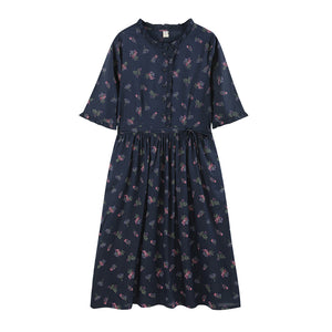 Đầm liền linen ngắn tay cổ đứng in những bó hoa liti - NU10017