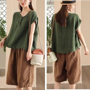 Áo sơ mi linen sát nách cổ tròn retro - A868