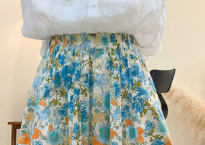 Chân váy linen lưng thun hai túi in hoa lá retro - V080