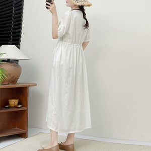 Đầm liền linen ngắn tay cổ tròn thêu hoa văn ô vuông - NU10144
