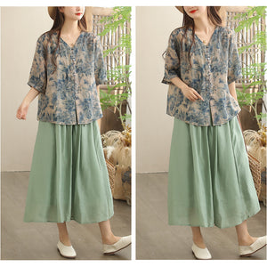 Áo sơ mi linen ngắn tay cổ V in màu nước một túi - NU10245