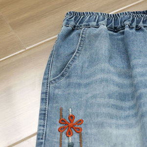 Quần baggy denim lửng lưng thun ống đứng thêu hoa mùa xuân - Q254