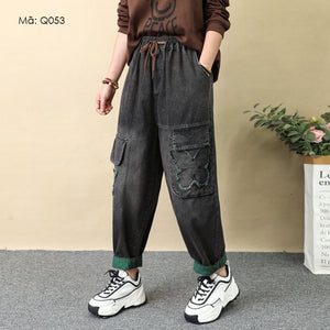 Quần baggy denim lưng thun dây rút túi hộp - Q053
